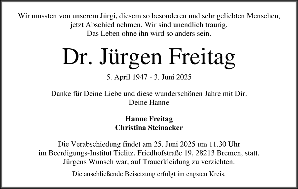 Traueranzeige von Jürgen Freitag von WESER-KURIER