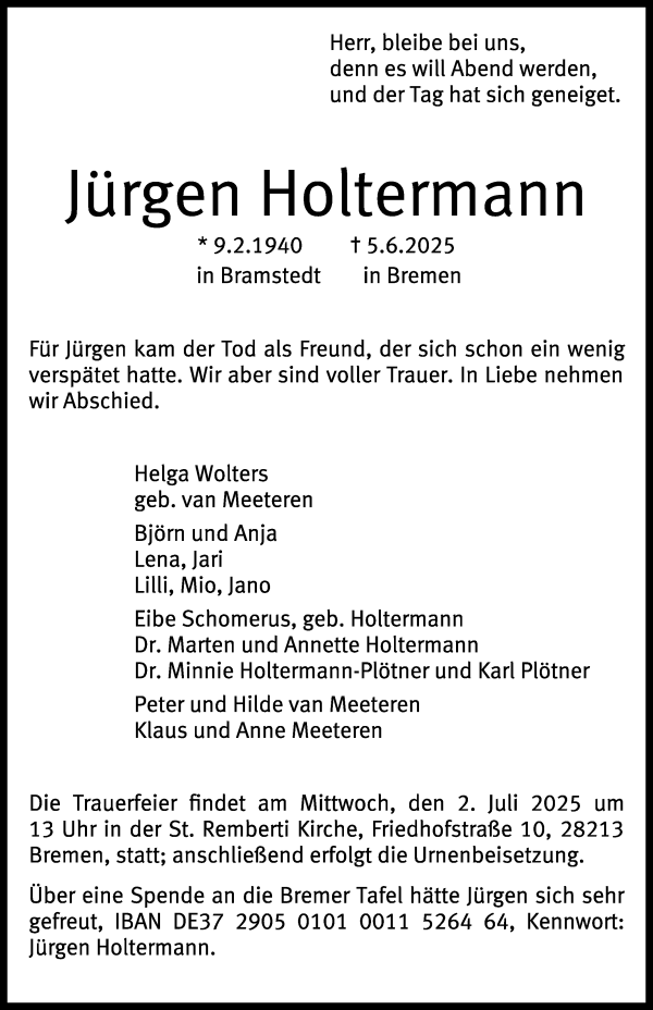 Traueranzeige von Jürgen Holtermann von WESER-KURIER