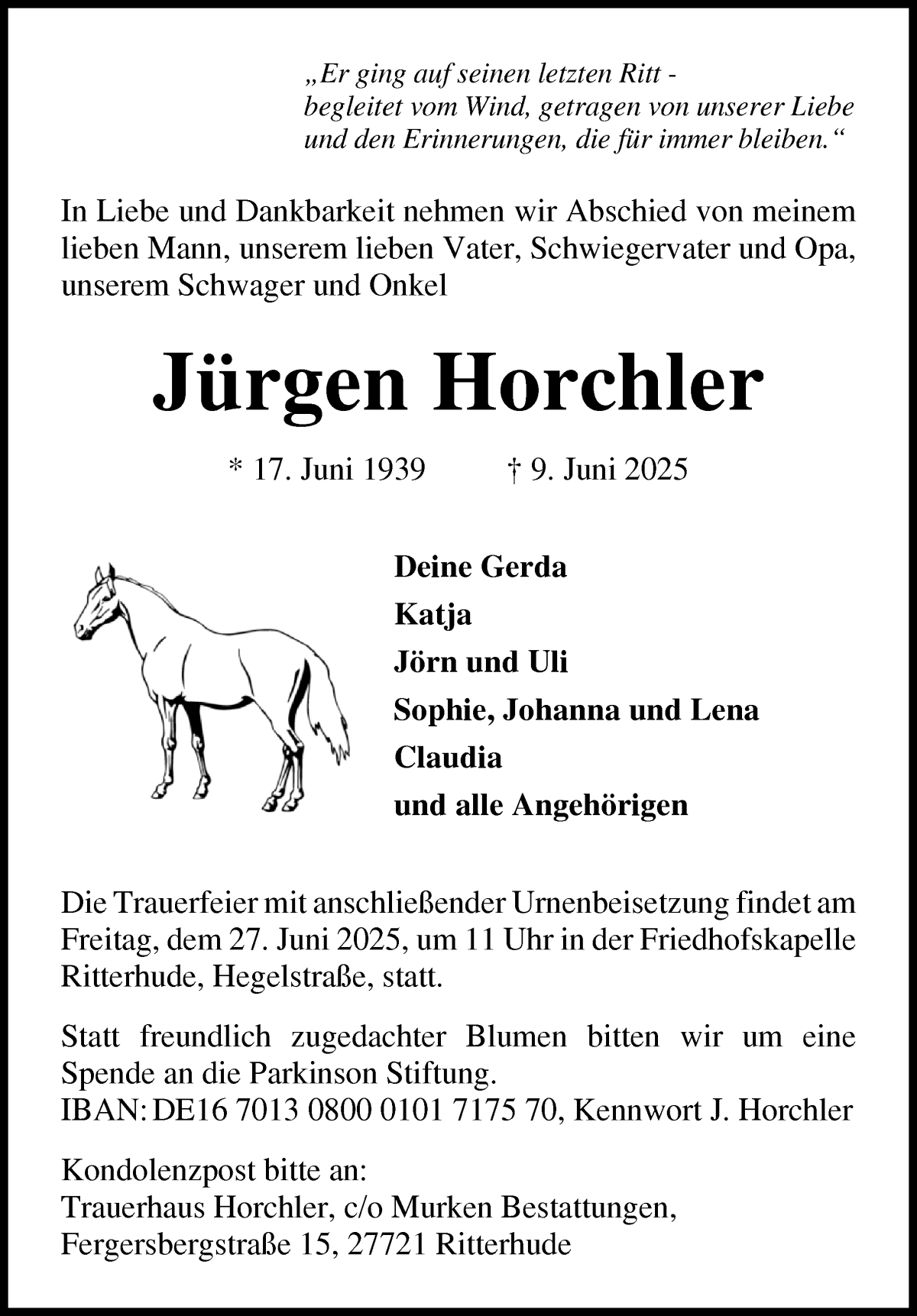 Traueranzeige von Jürgen Horchler von Osterholzer Kreisblatt