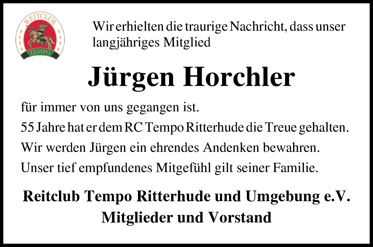 Traueranzeige von Jürgen Horchler von Osterholzer Kreisblatt
