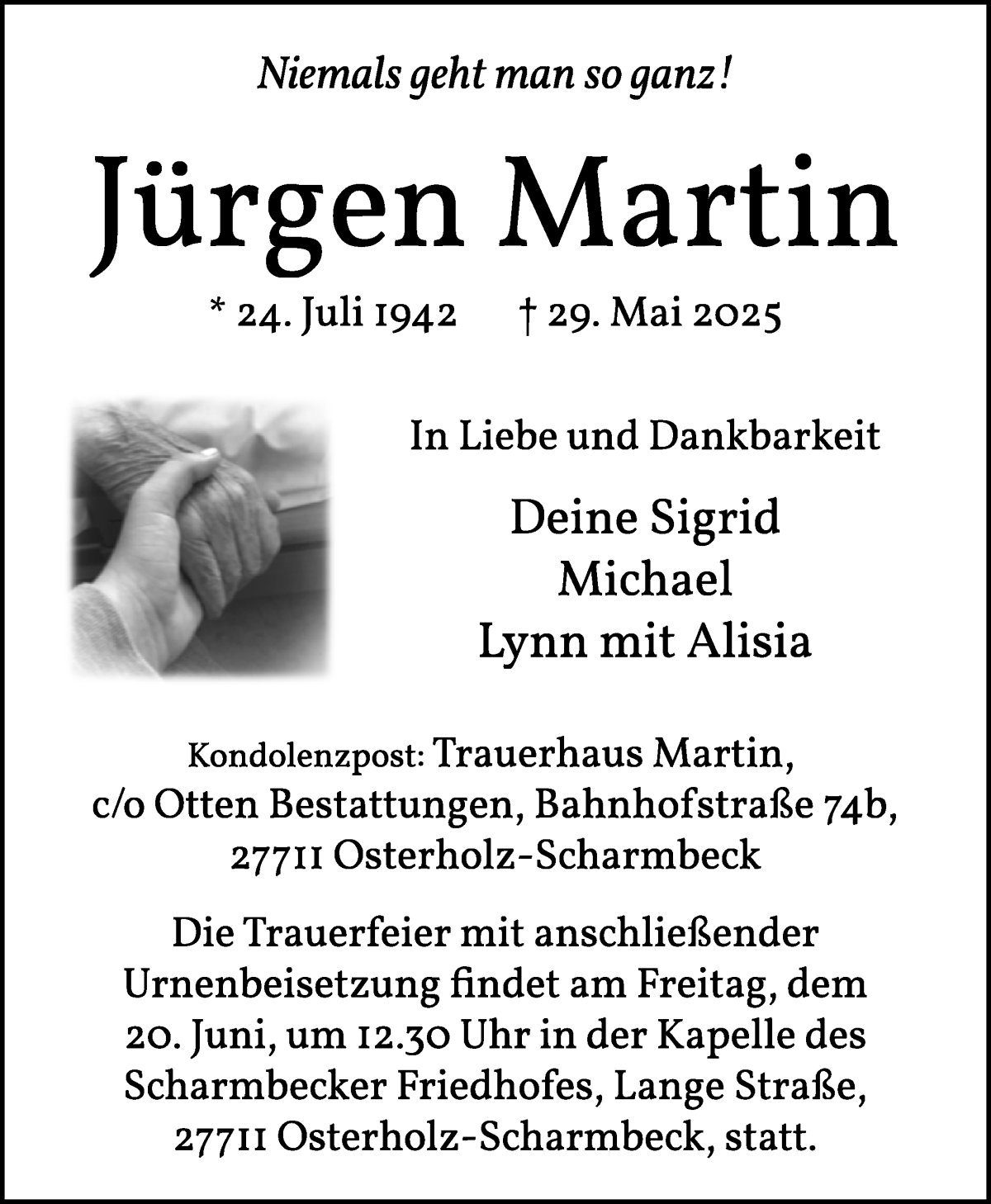 Traueranzeige von Jürgen Martin von Osterholzer Kreisblatt