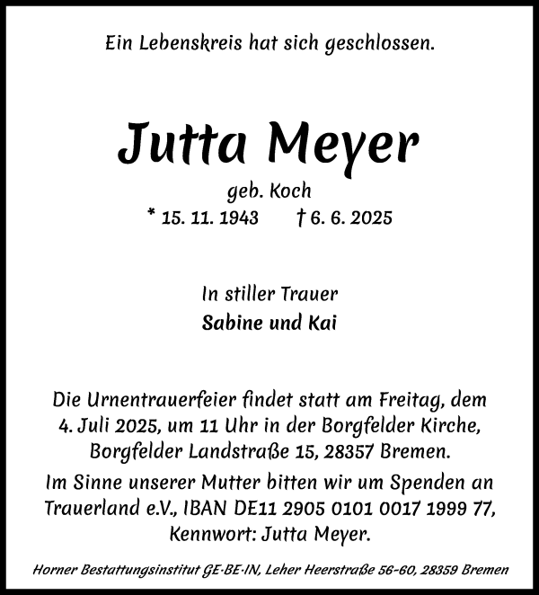 Traueranzeige von Jutta Meyer von WESER-KURIER
