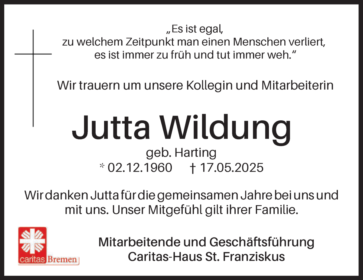 Traueranzeige von Jutta Wildung von WESER-KURIER