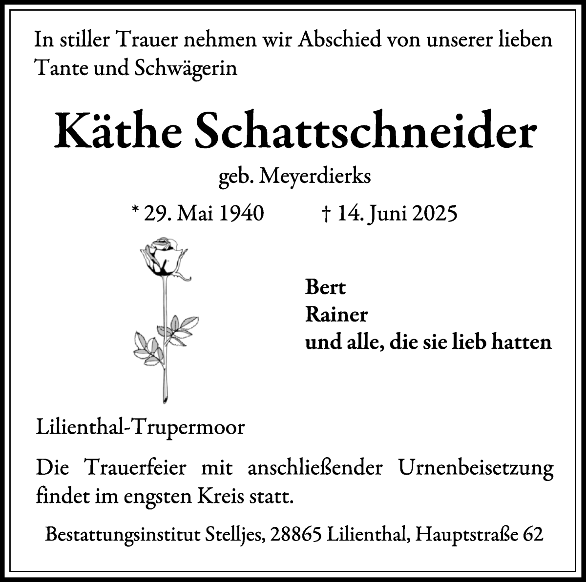Traueranzeige von Käthe Schattschneider von Wuemme Zeitung