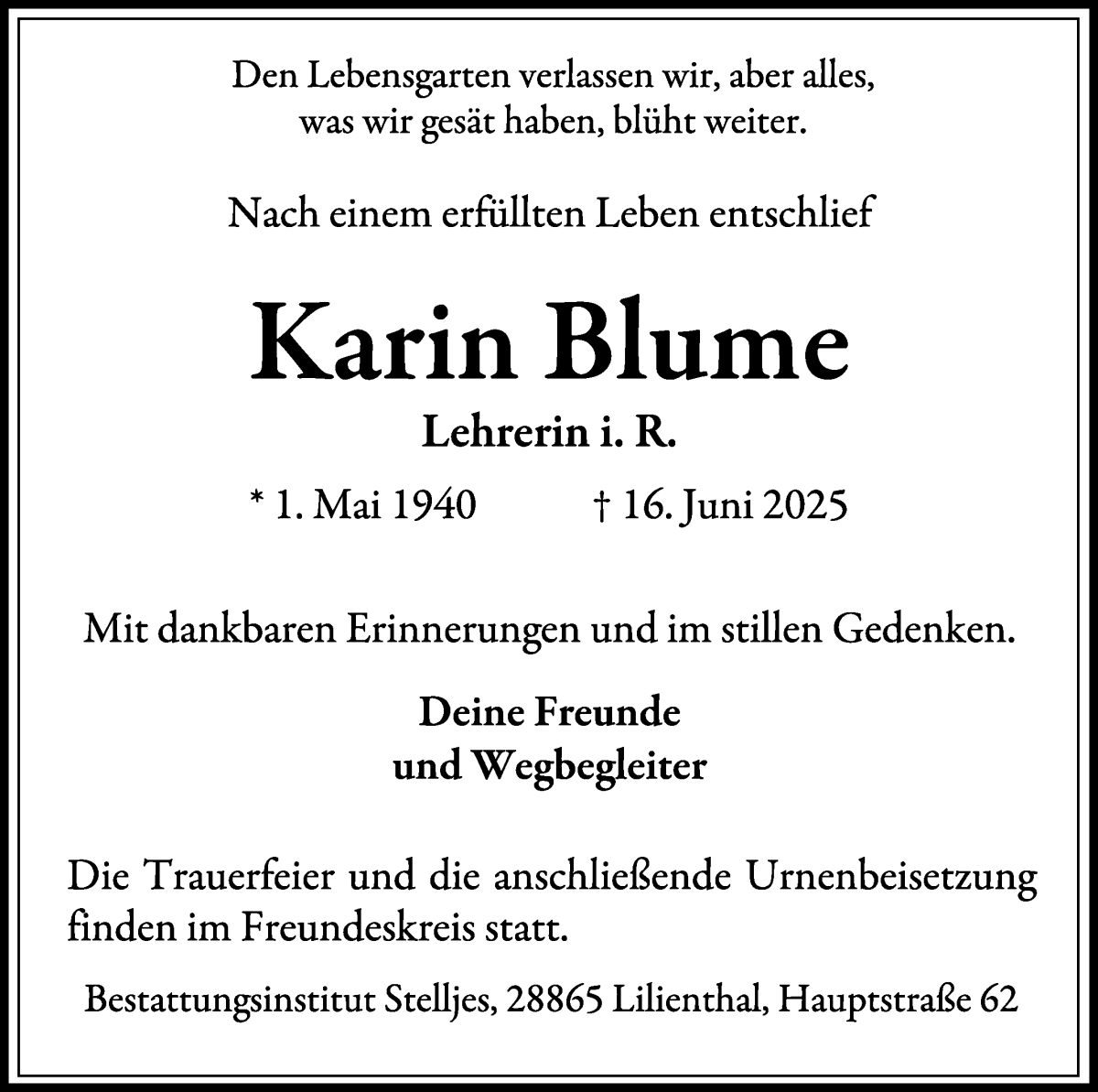 Traueranzeige von Karin Blume von Wuemme Zeitung