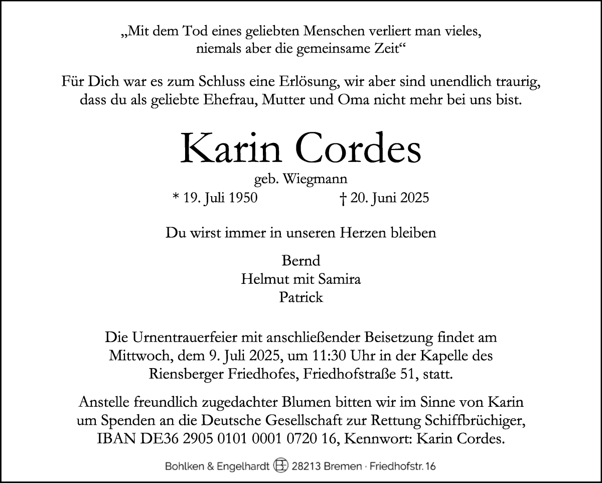Traueranzeige von Karin Cordes von WESER-KURIER