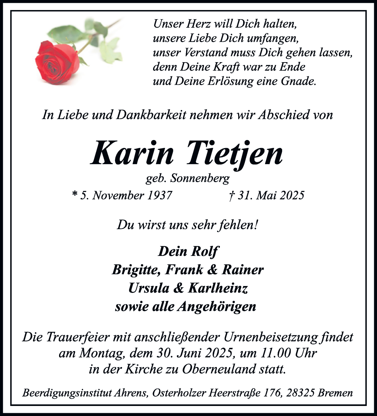 Traueranzeige von Karin Tietjen von WESER-KURIER