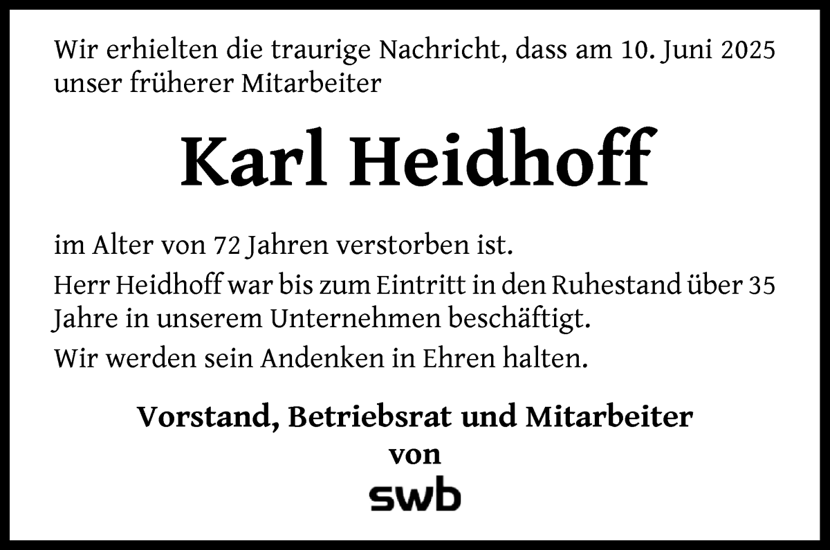 Traueranzeige von Karl Heidhoff von WESER-KURIER
