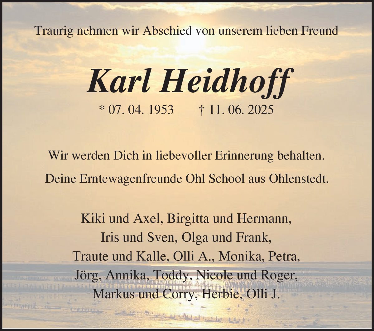 Traueranzeige von Karl Heidhoff von Osterholzer Kreisblatt