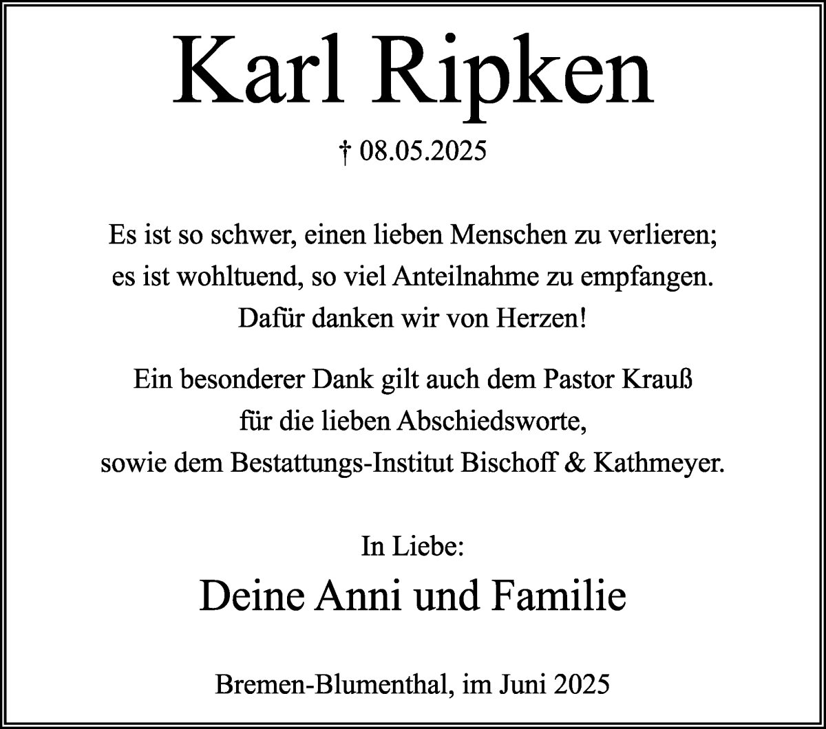 Traueranzeige von Karl Ripken von Die Norddeutsche