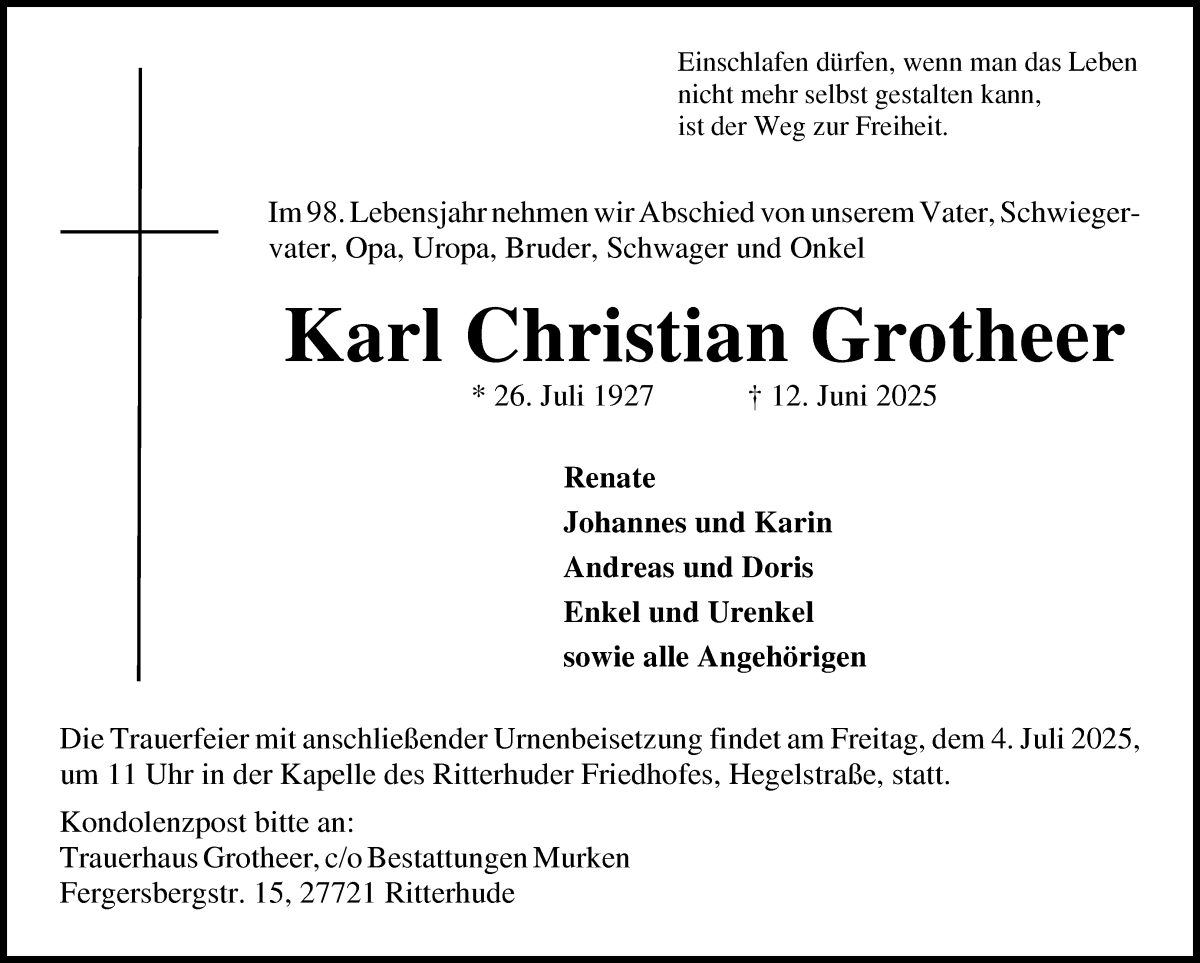 Traueranzeige von Karl Christian Grotheer von Osterholzer Kreisblatt