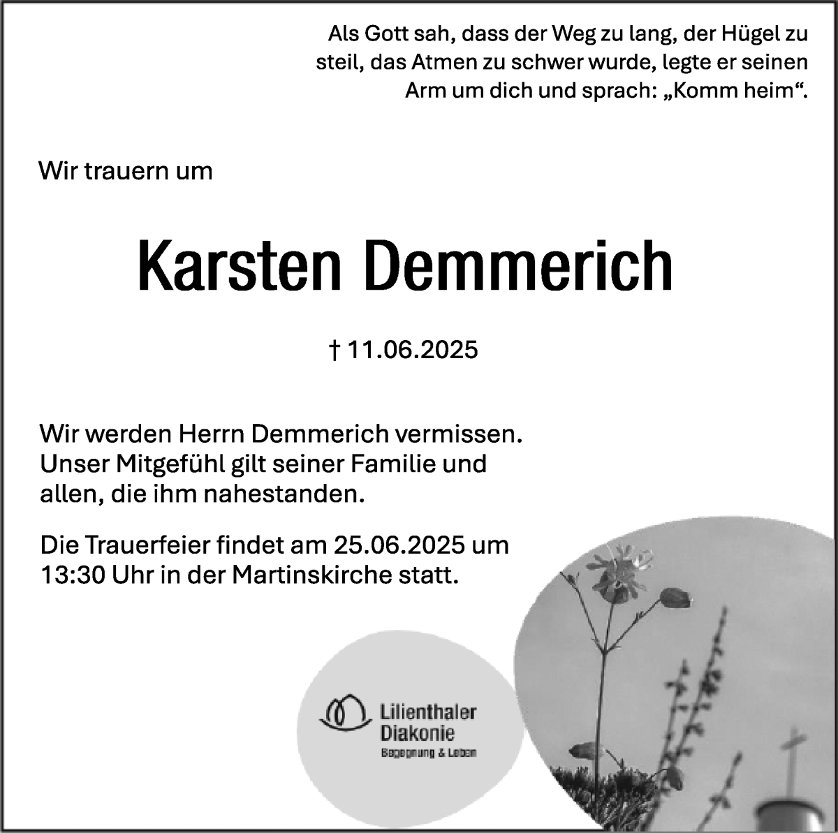 Traueranzeige von Karsten Demmerich von Wuemme Zeitung