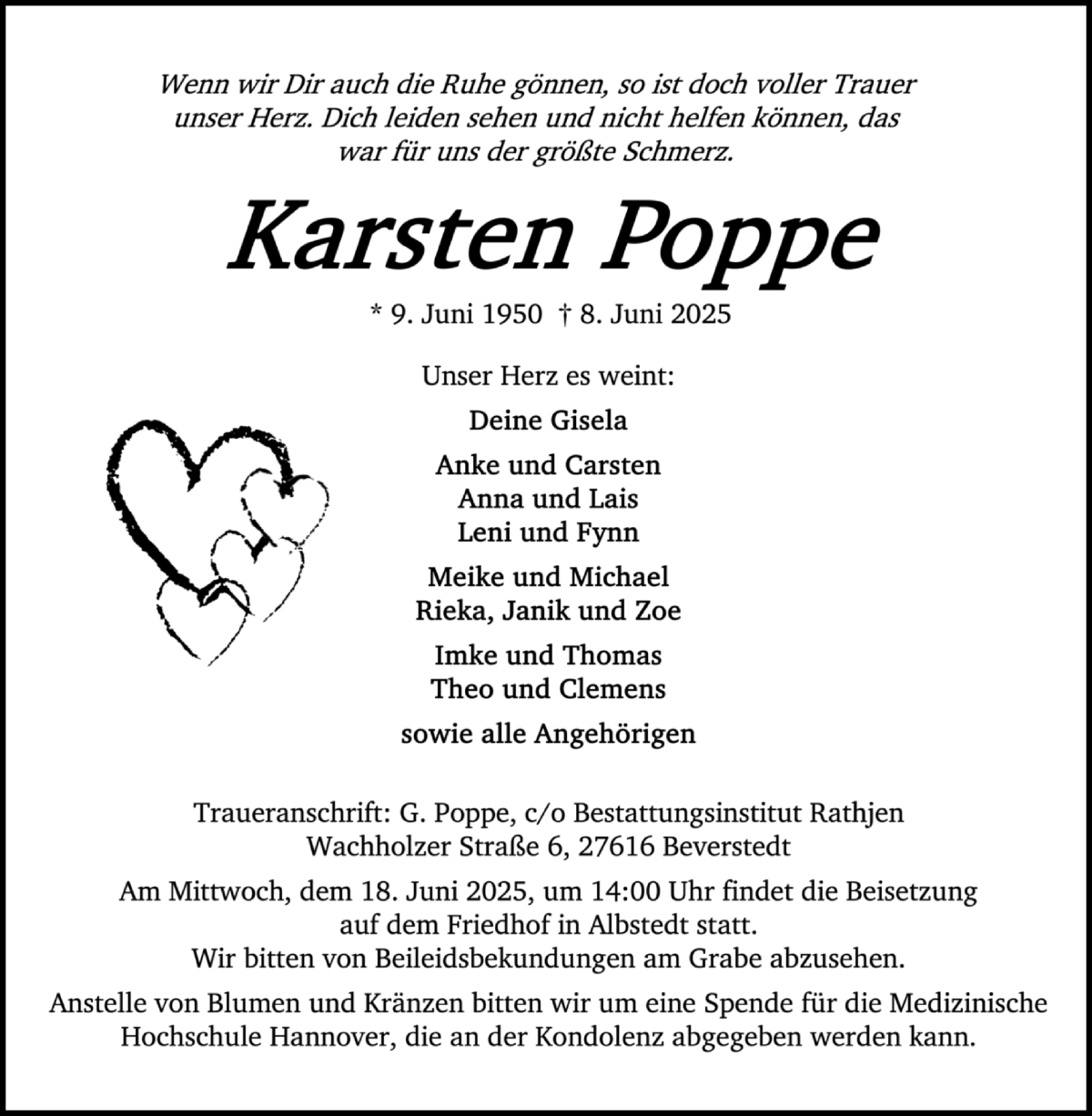 Traueranzeige von Karsten Poppe von Osterholzer Kreisblatt