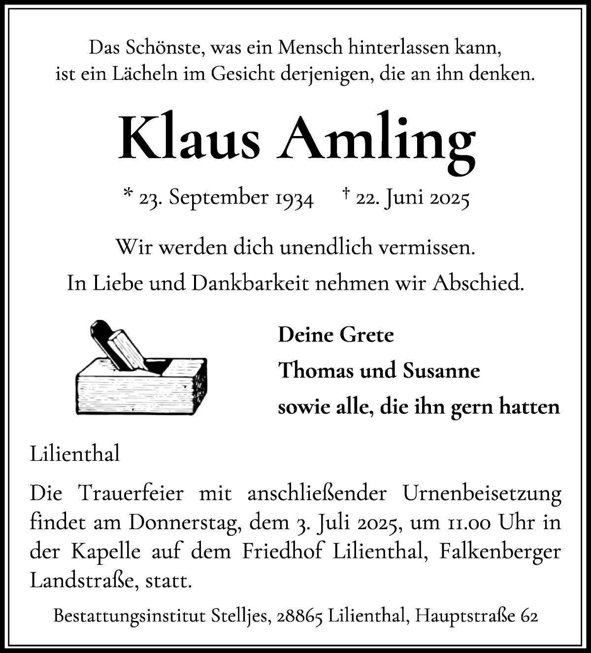 Traueranzeige von Klaus Amling von Wuemme Zeitung
