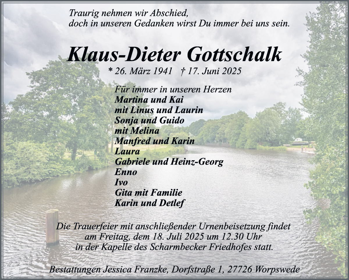 Traueranzeige von Klaus-Dieter Gottschalk von Osterholzer Kreisblatt