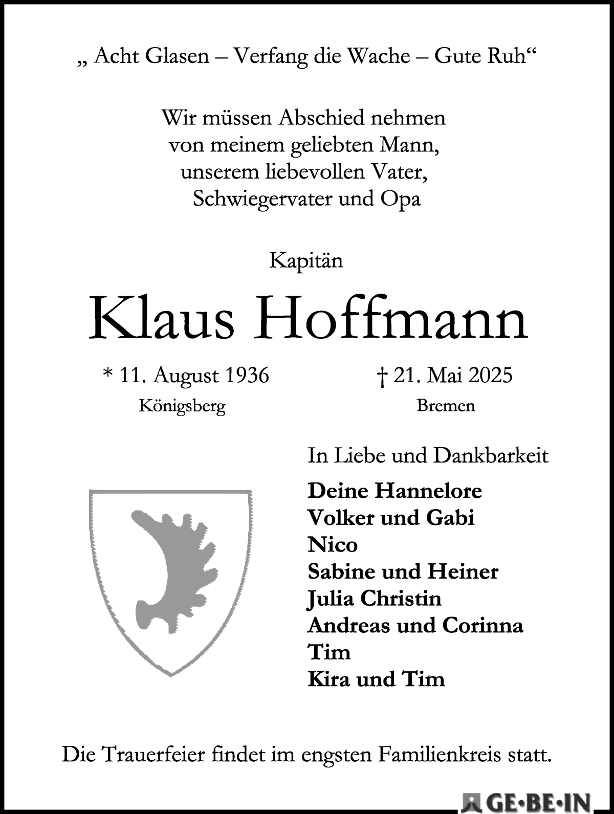 Traueranzeige von Klaus Hoffmann von WESER-KURIER