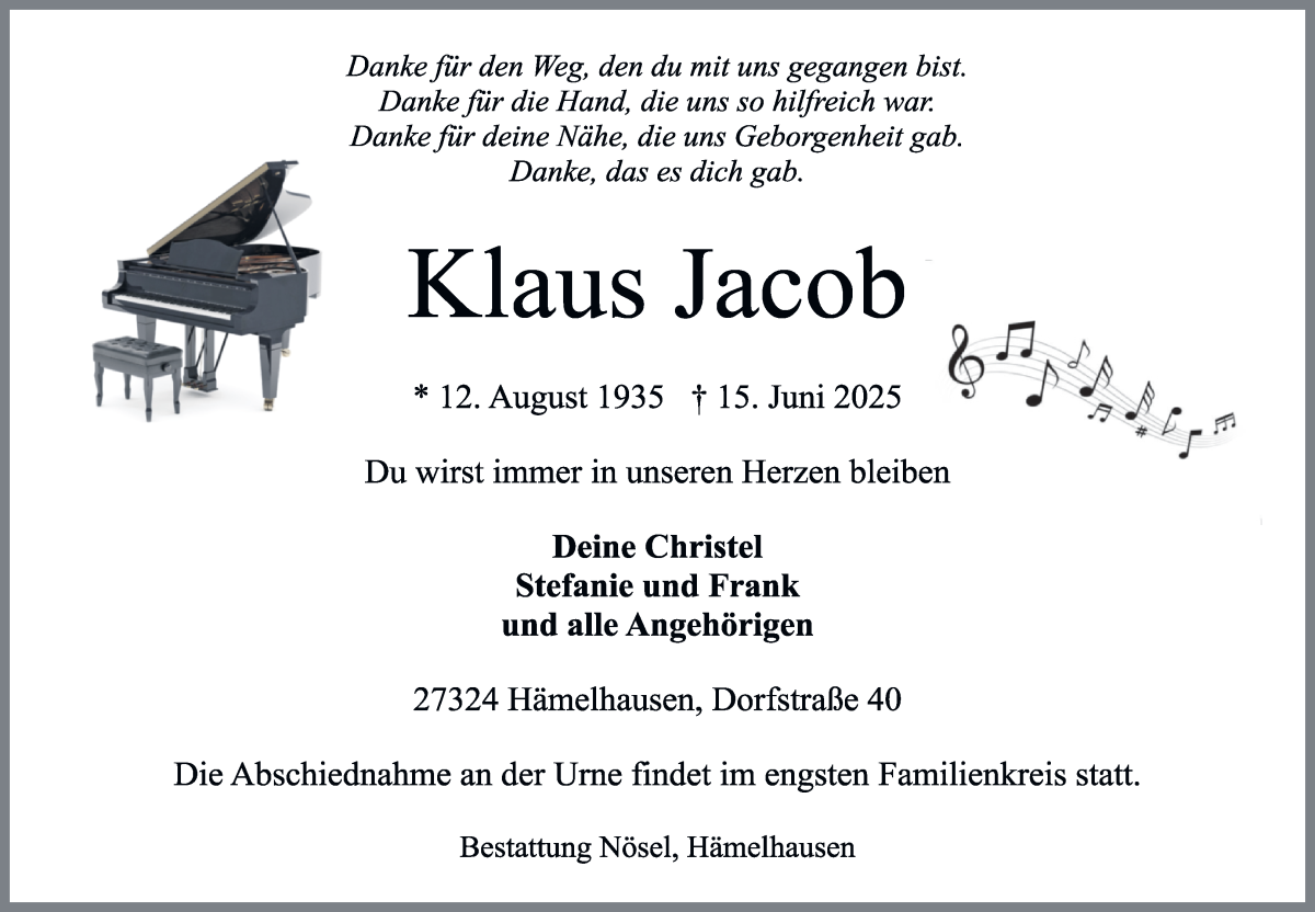 Traueranzeige von Klaus Jacob von WESER-KURIER