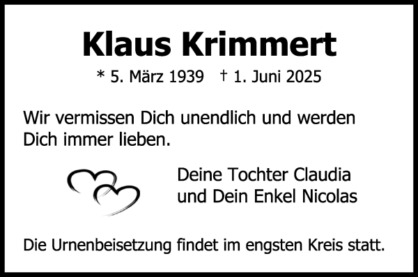 Traueranzeige von Klaus Krimmert von WESER-KURIER