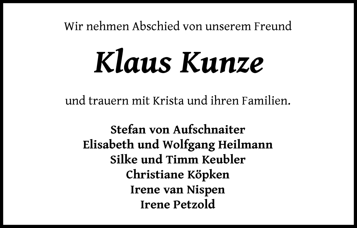 Traueranzeige von Klaus Kunze von WESER-KURIER