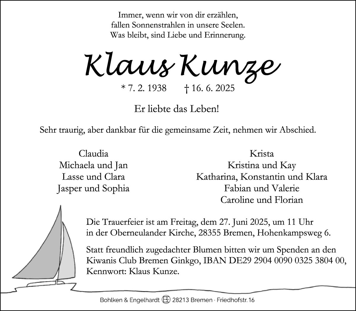 Traueranzeige von Klaus Kunze von WESER-KURIER