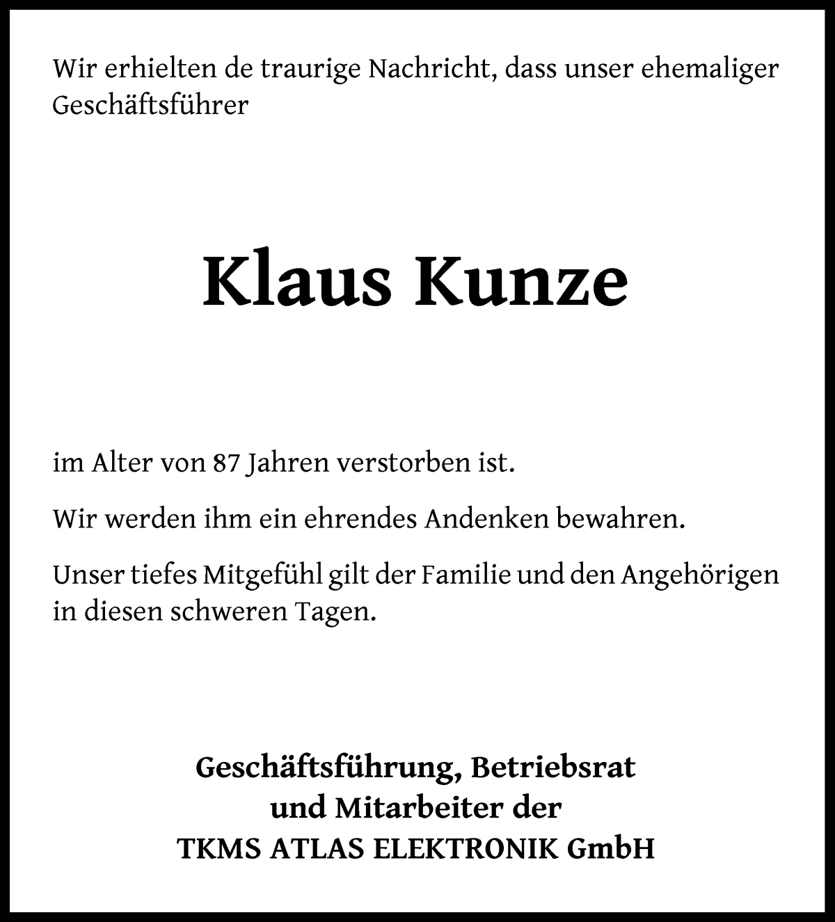 Traueranzeige von Klaus Kunze von WESER-KURIER