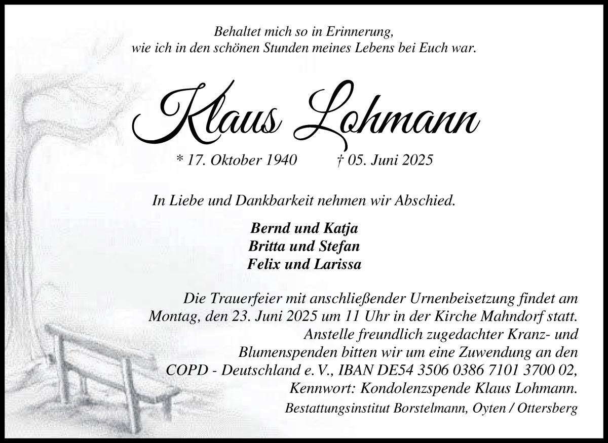 Traueranzeige von Klaus Lohmann von WESER-KURIER