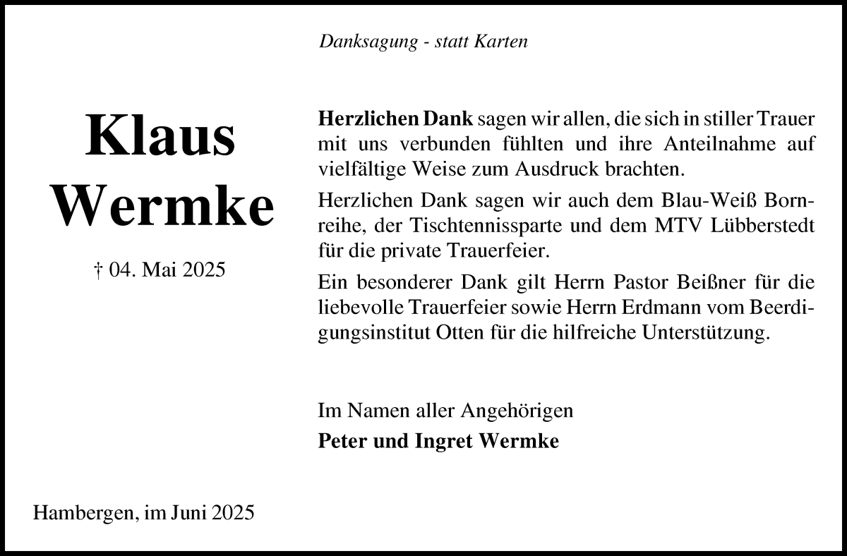 Traueranzeige von Klaus Wermke von Osterholzer Kreisblatt