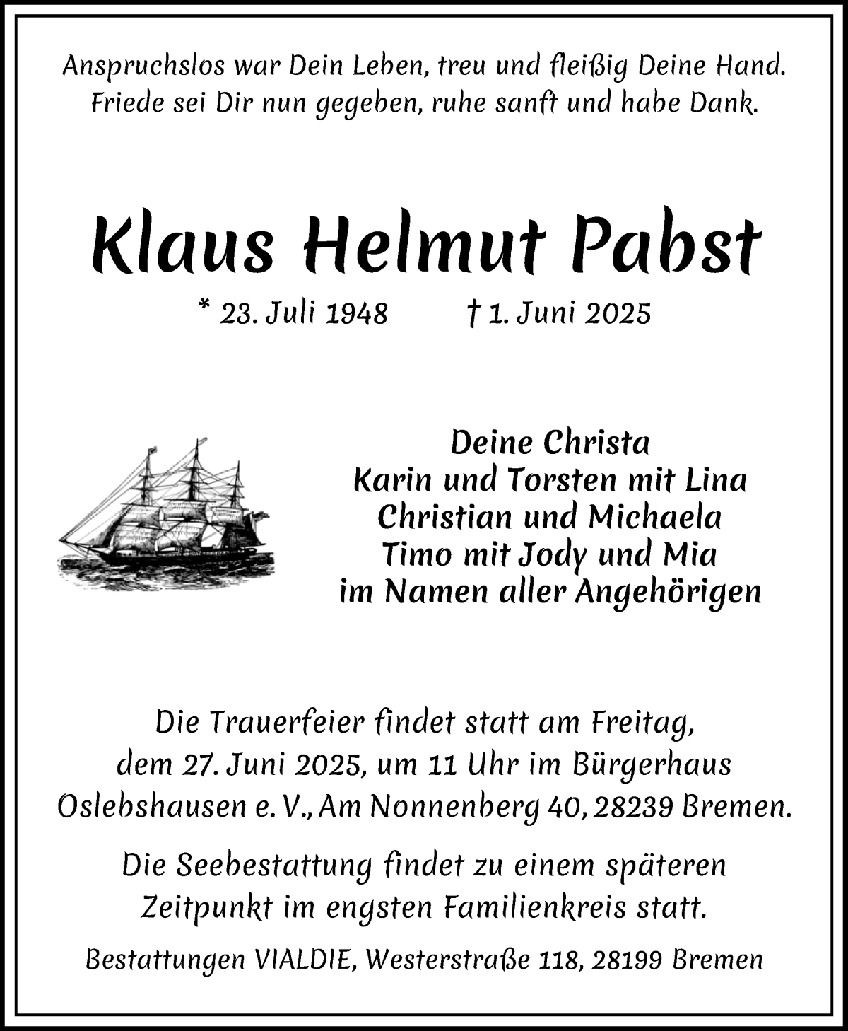 Traueranzeige von Klaus Helmut Pabst von WESER-KURIER