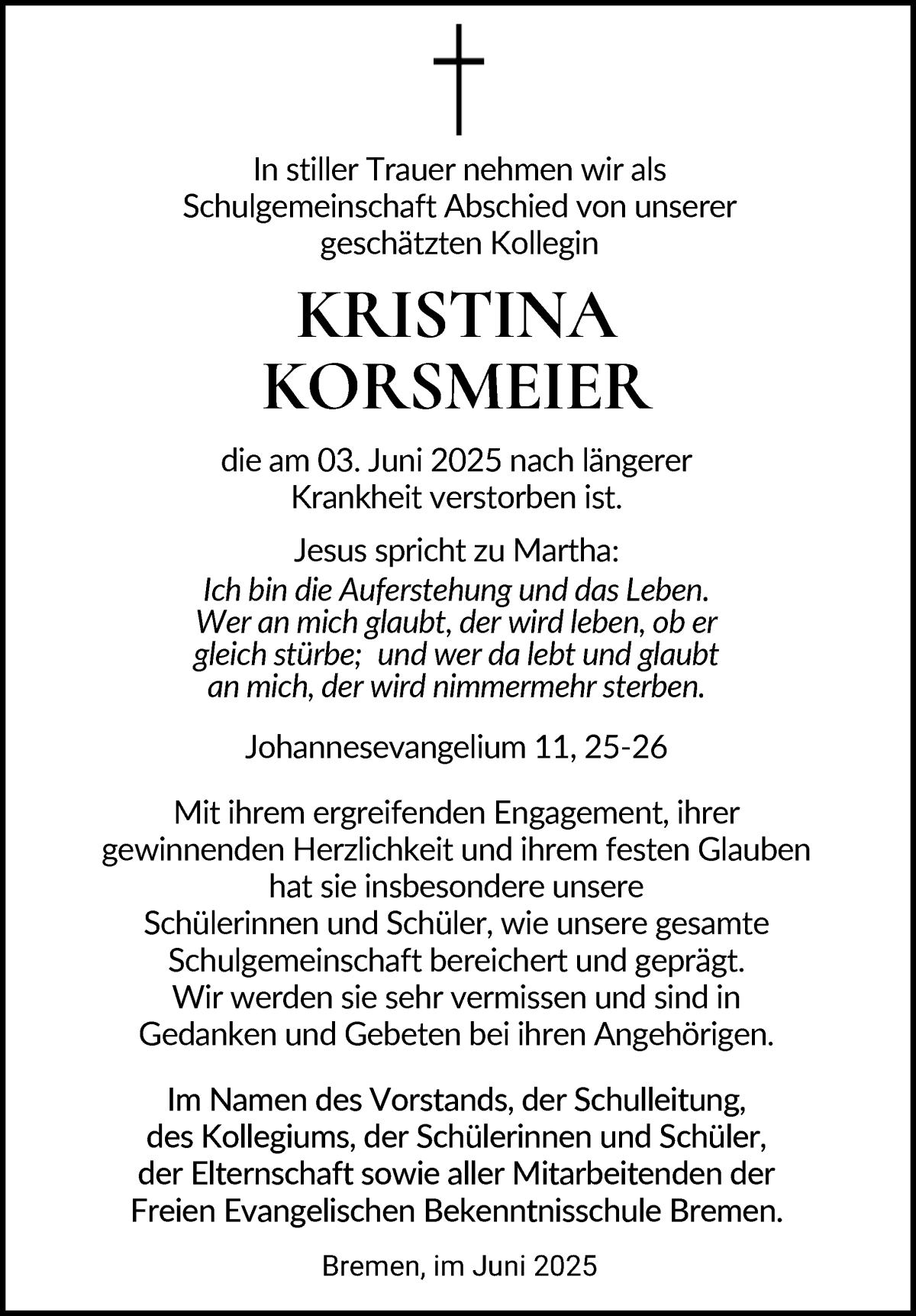 Traueranzeige von Kristina Korsmeier von WESER-KURIER