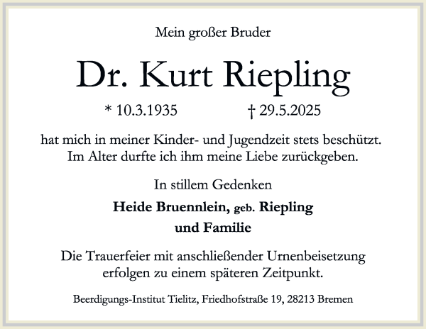Traueranzeige von Kurt Riepling von WESER-KURIER