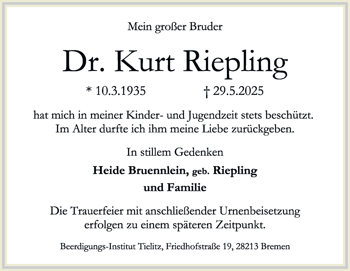Traueranzeige von Kurt Riepling von WESER-KURIER
