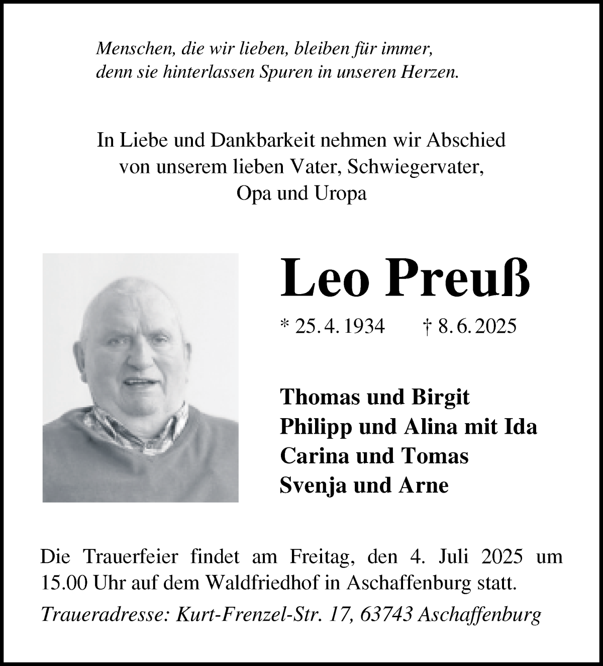 Traueranzeige von Leo Preuß von Die Norddeutsche