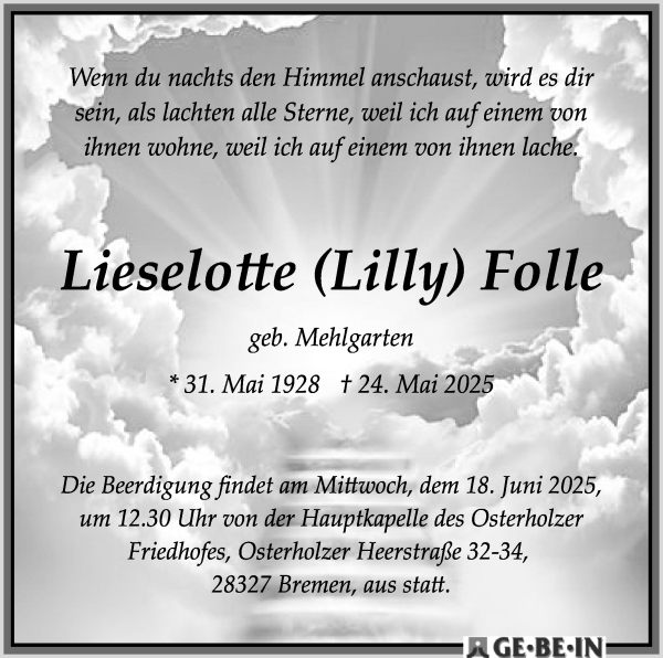 Traueranzeige von Lieselotte (Lilly) Folle von WESER-KURIER