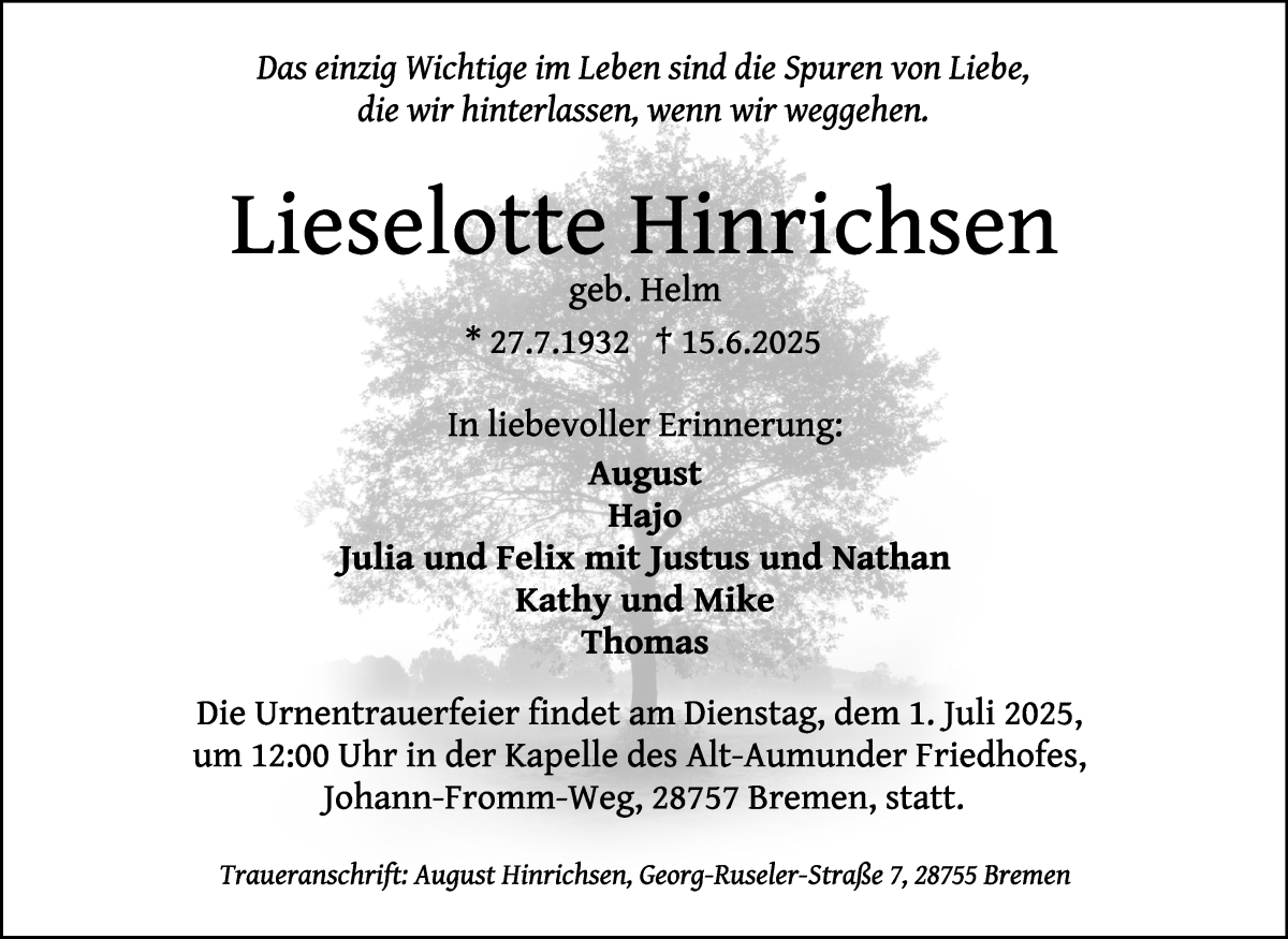 Traueranzeige von Lieselotte Hinrichsen von Die Norddeutsche