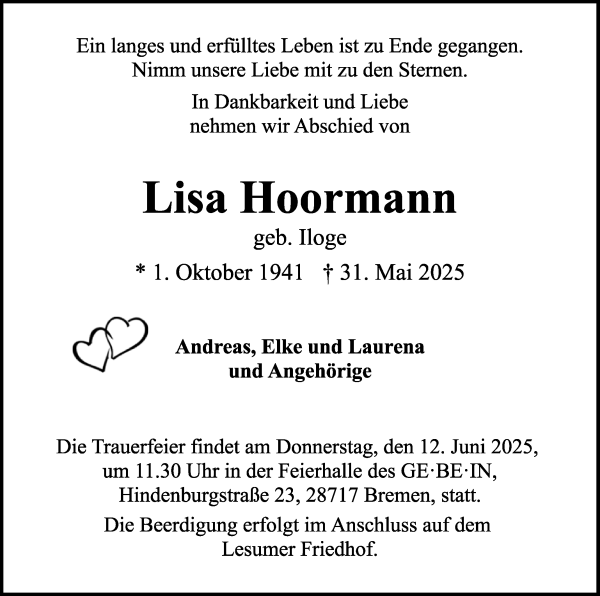 Traueranzeige von Lisa Hoormann von WESER-KURIER
