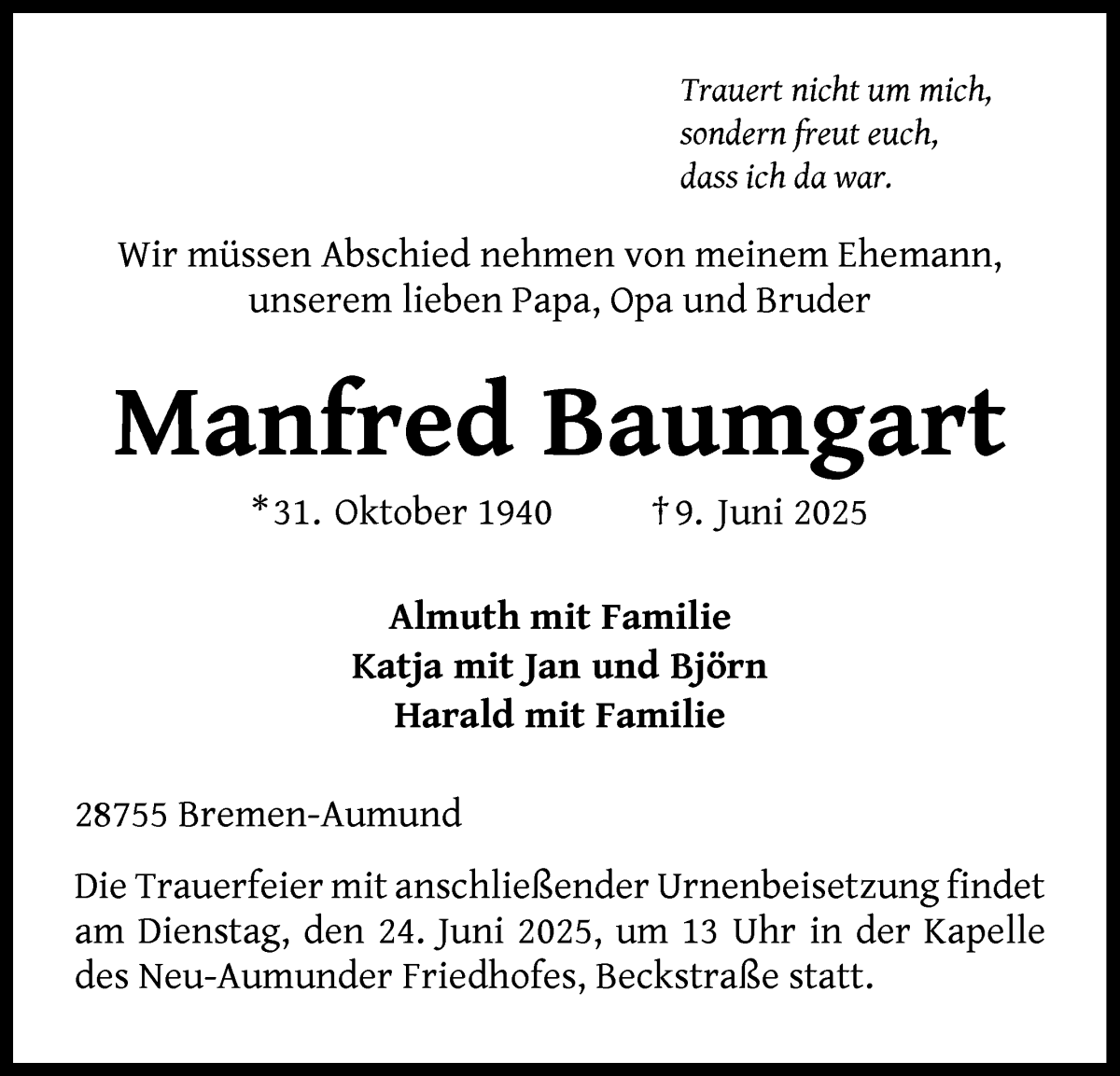 Traueranzeige von Manfred Baumgart von WESER-KURIER
