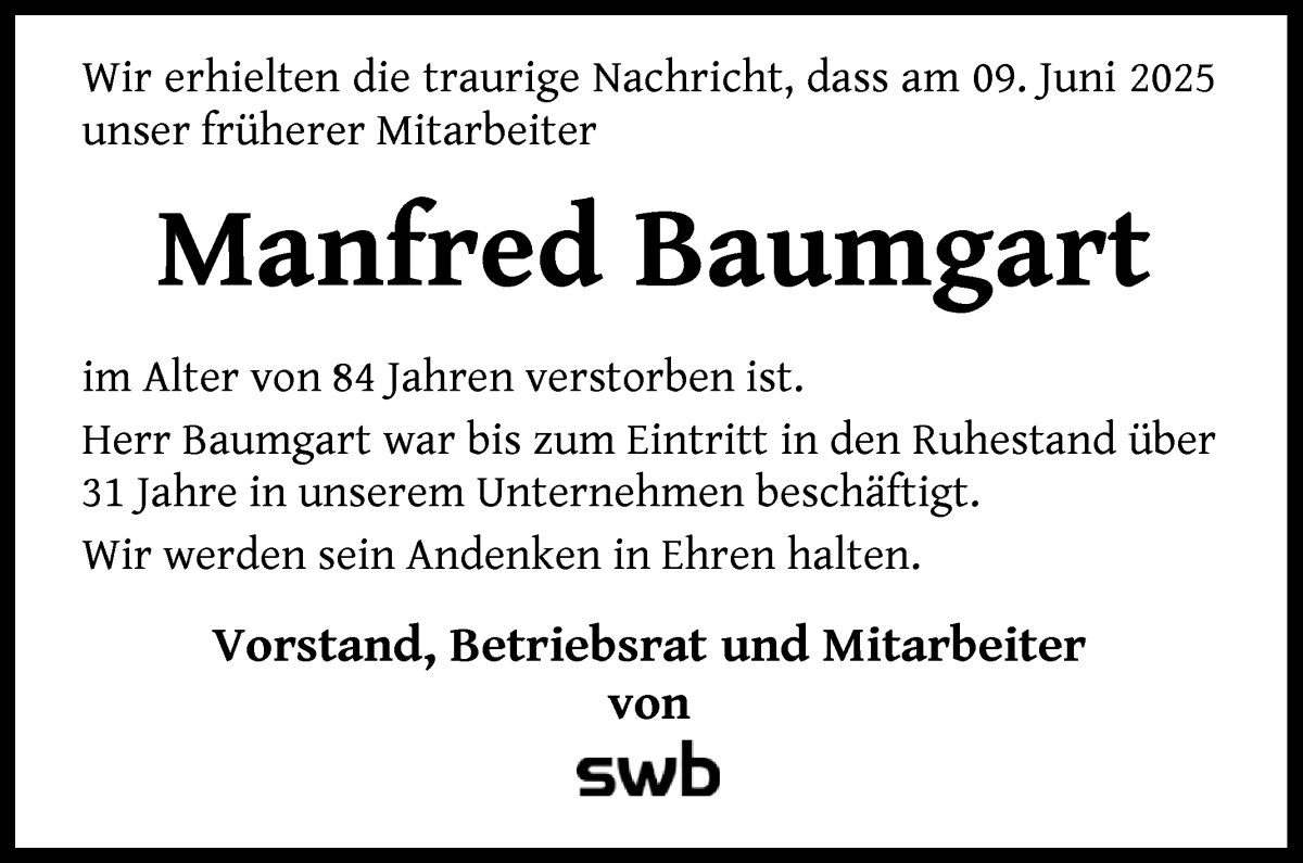 Traueranzeige von Manfred Baumgart von WESER-KURIER
