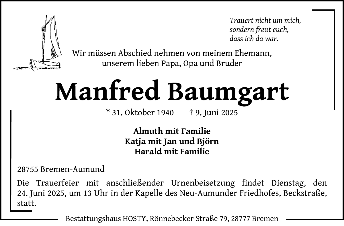 Traueranzeige von Manfred Baumgart von Die Norddeutsche