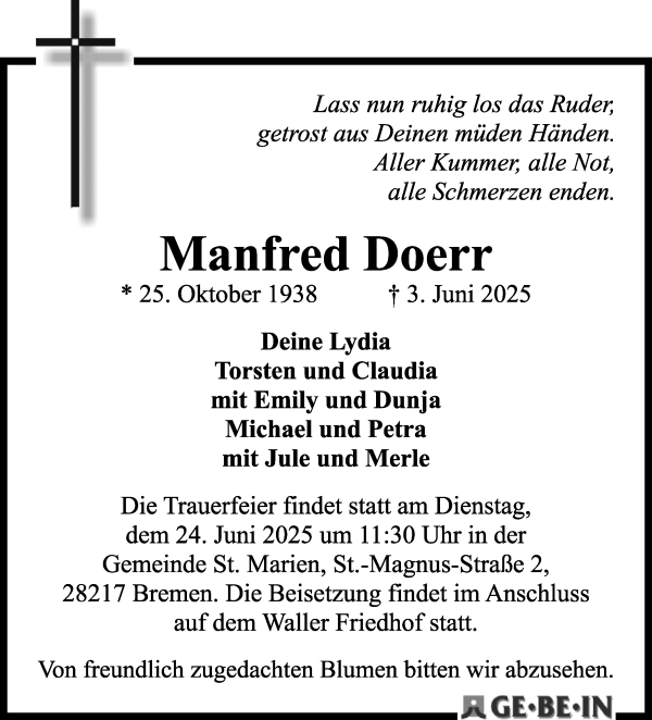 Traueranzeige von Manfred Doerr von WESER-KURIER
