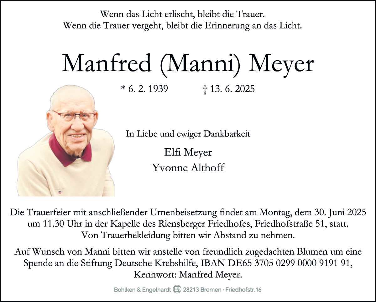 Traueranzeige von Manfred Meyer von WESER-KURIER