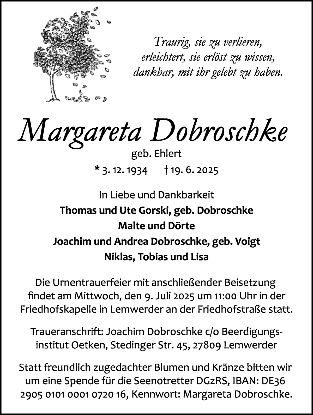 Traueranzeige von Margareta Dobroschke von Die Norddeutsche