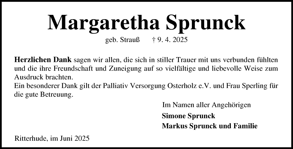 Traueranzeige von Margaretha Sprunck von Osterholzer Kreisblatt