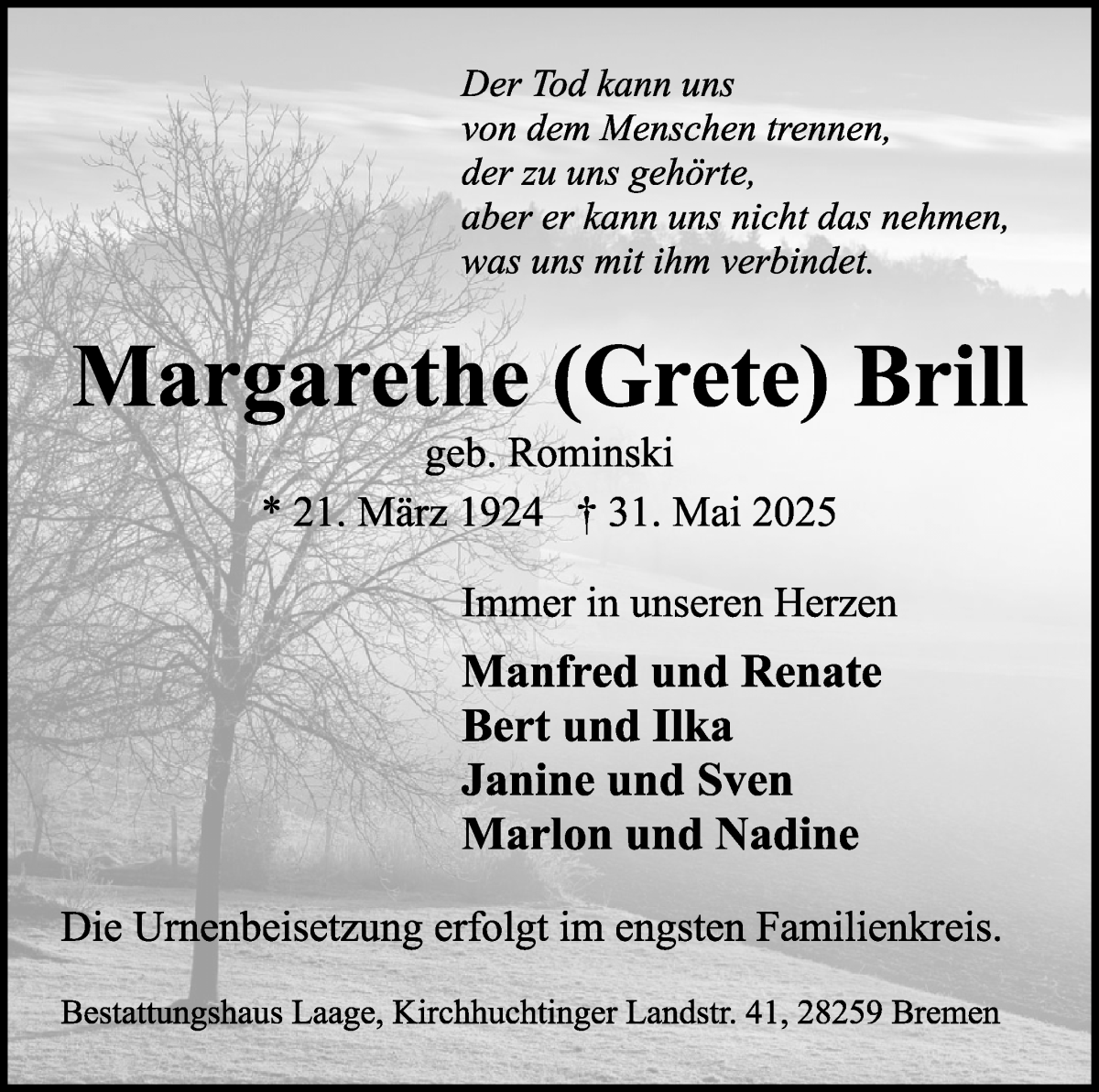 Traueranzeige von Margarethe Brill von WESER-KURIER