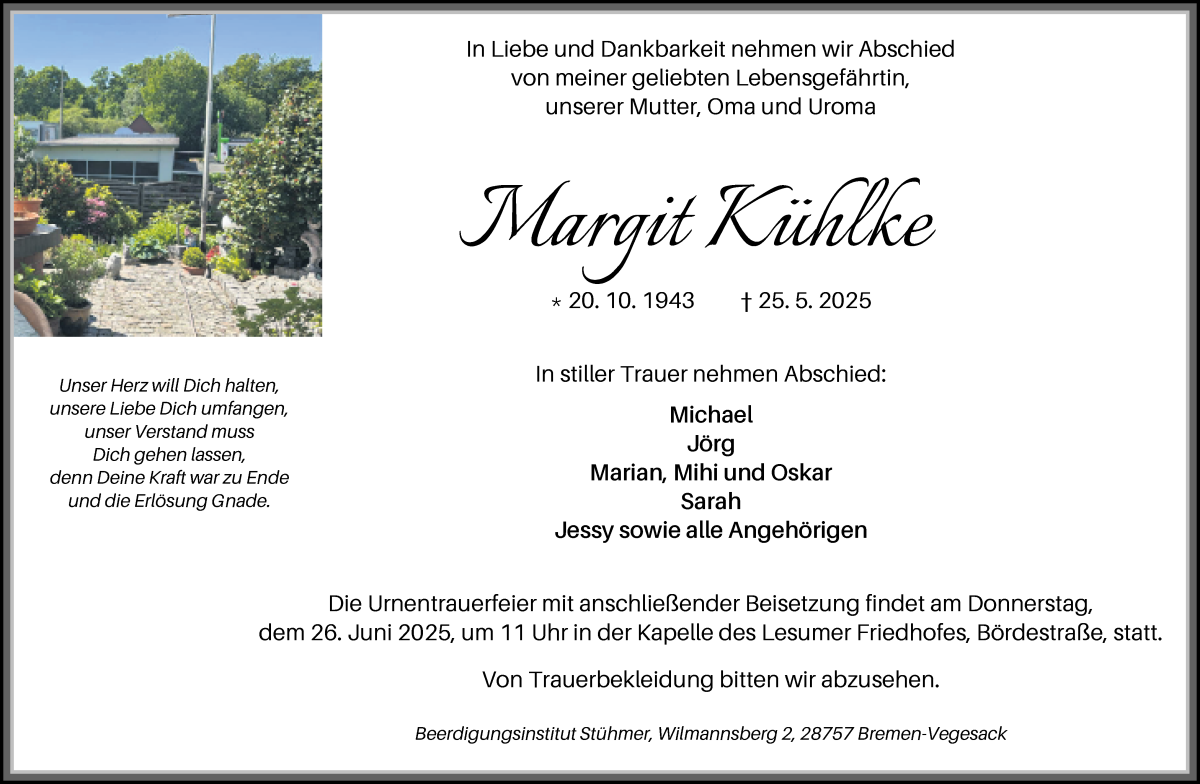 Traueranzeige von Margit Kühlke von Die Norddeutsche