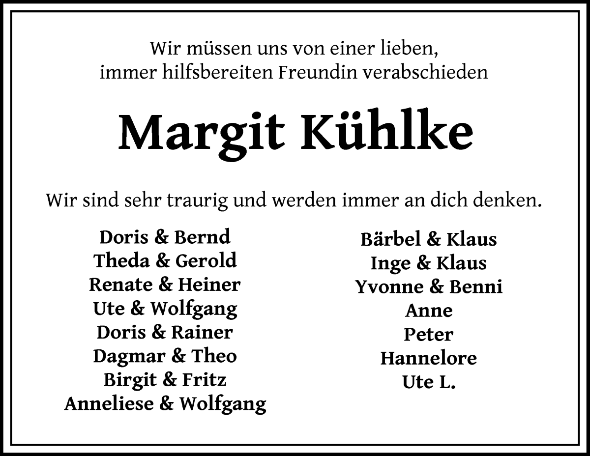Traueranzeige von Margit Kühlke von Die Norddeutsche