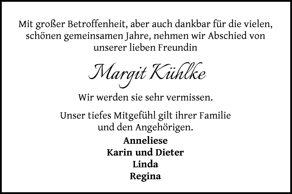 Traueranzeige von Margit Kühlke von Die Norddeutsche