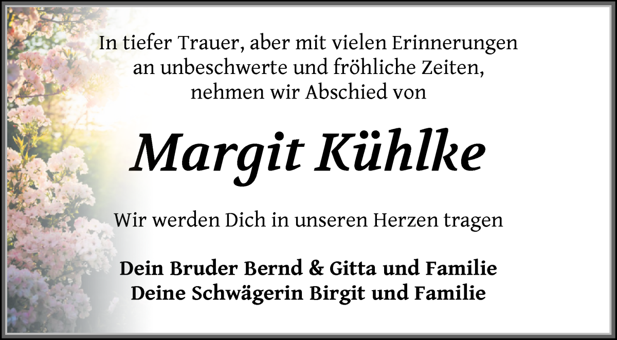 Traueranzeige von Margit Kühlke von Die Norddeutsche