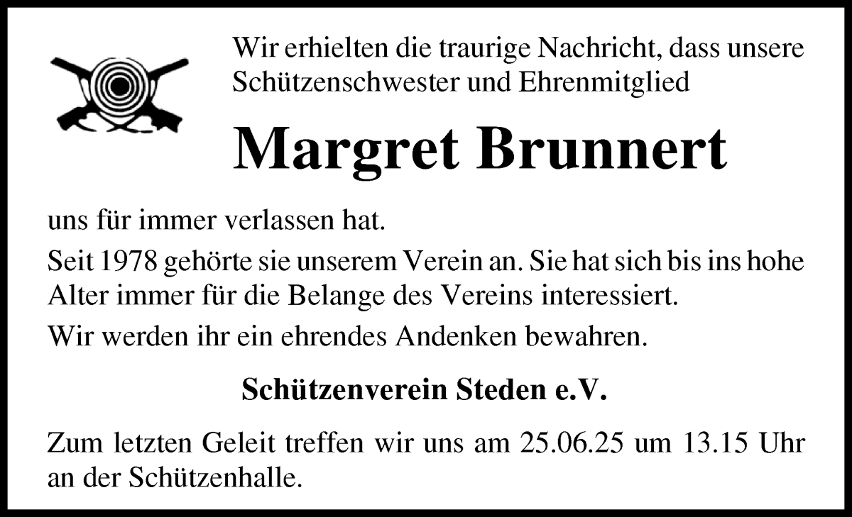 Traueranzeige von Margret Brunnert von Osterholzer Kreisblatt
