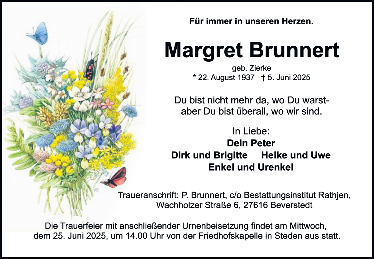 Traueranzeige von Margret Brunnert von Osterholzer Kreisblatt