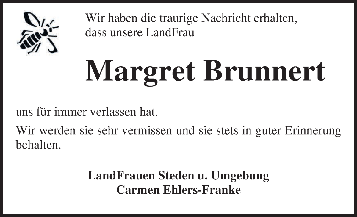 Traueranzeige von Margret Brunnert von Osterholzer Kreisblatt